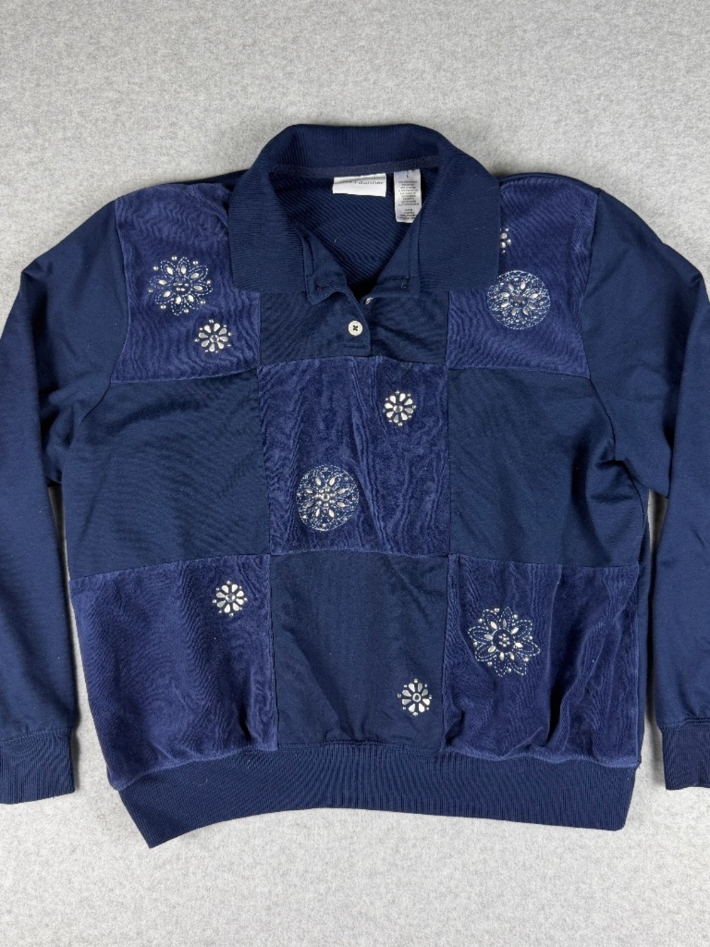 Alfred Dunner Womens Large Velour Polo Sweatshirt Blue Beaded Patchwork Collar